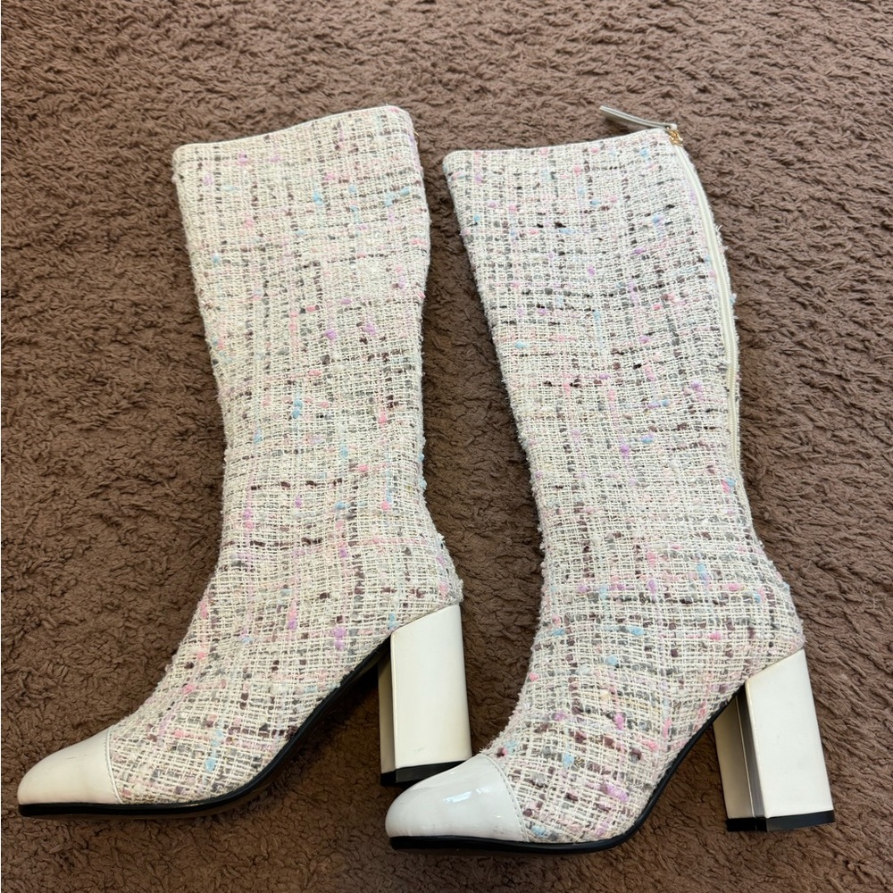 White Tweed Boucle Handmade Boots Pink Blue Knee High Size 35 5 NEW - Picture 5 of 8